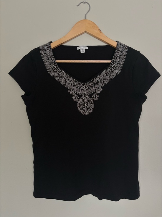 Nine West Tops - Nine West Black Short-Sleeve V-Neck Top with White Embroidery
